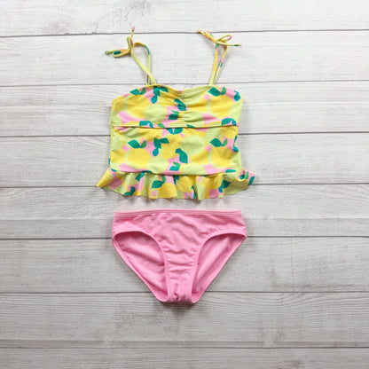 Cat & Jack Girls 2PC Lemon Print Tankini Swimsuit Set Yellow Pink M 8