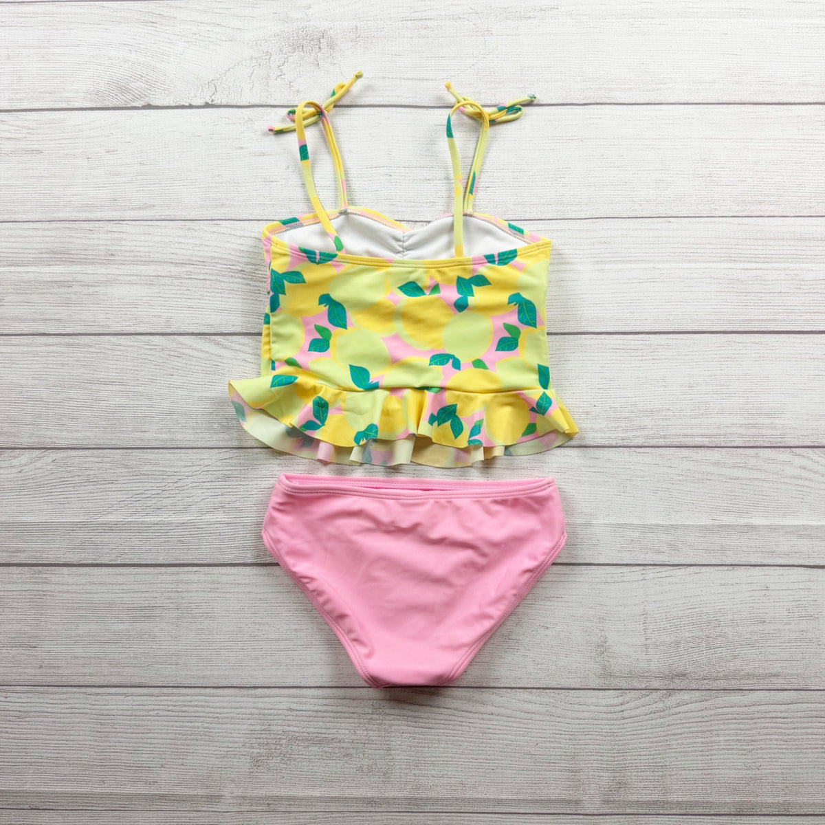 Cat & Jack Girls 2PC Lemon Print Tankini Swimsuit Set Yellow Pink M 8