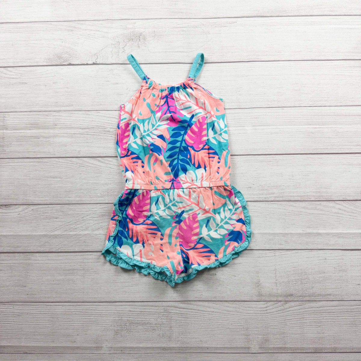 Okie Dokie Tropical Print Girls Romper Cotton Blend Sleeveless One Piece 5T