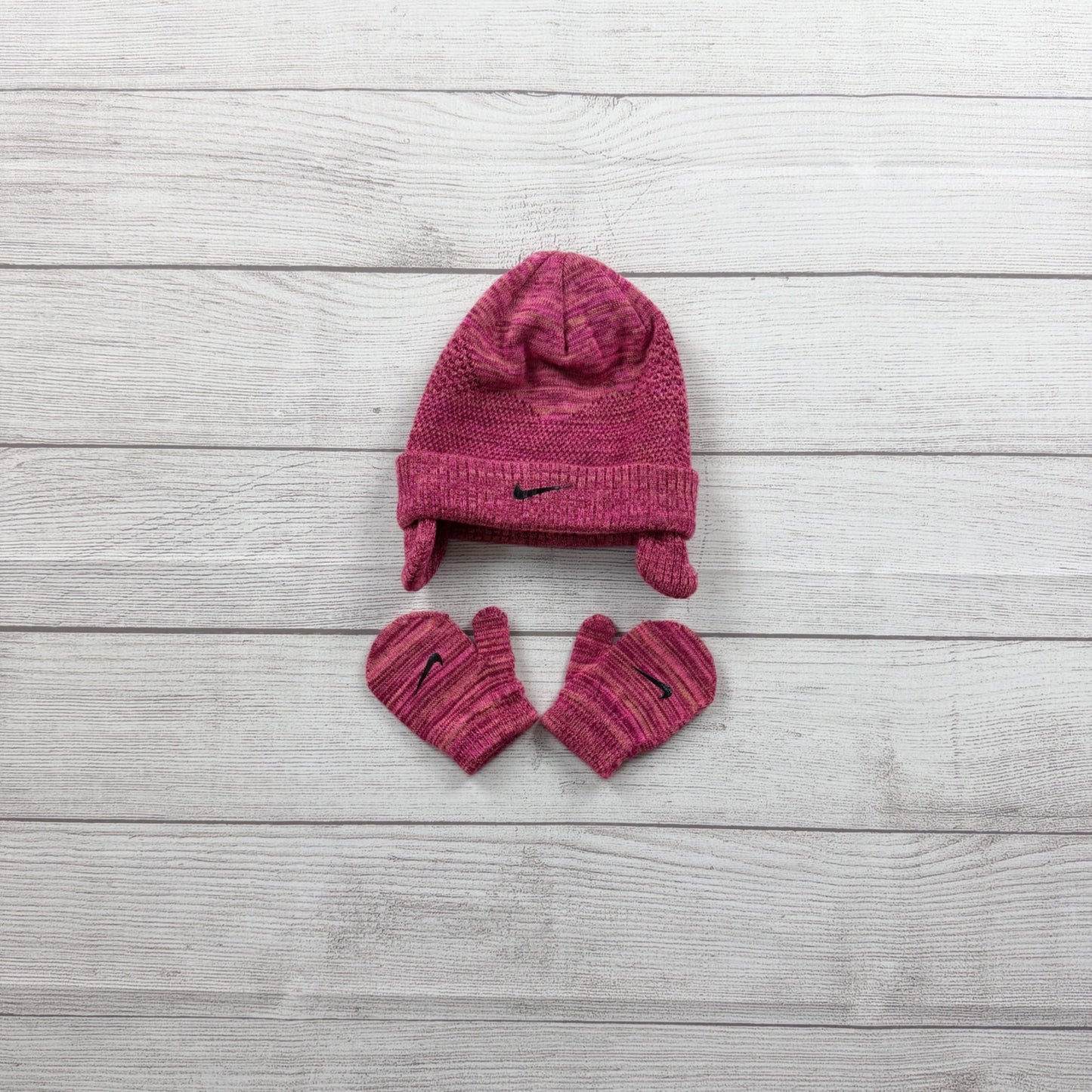 Nike Toddler Knit Hat & Mittens Set Pink Marled Swoosh Winter Beanie Gloves