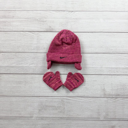 Nike Toddler Knit Hat & Mittens Set Pink Marled Swoosh Winter Beanie Gloves