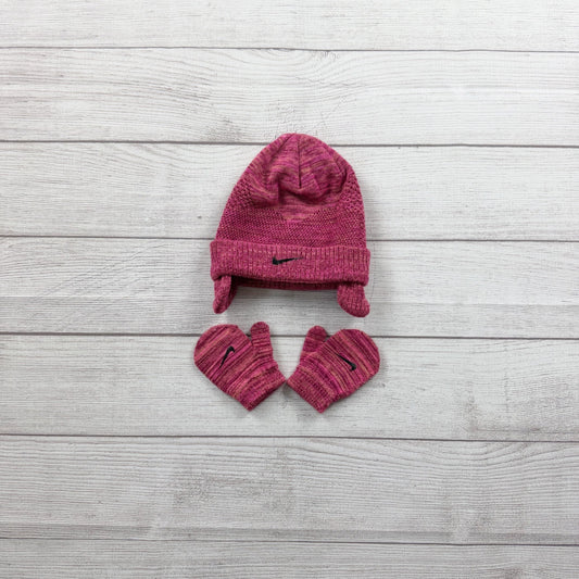 Nike Toddler Knit Hat & Mittens Set Pink Marled Swoosh Winter Beanie Gloves