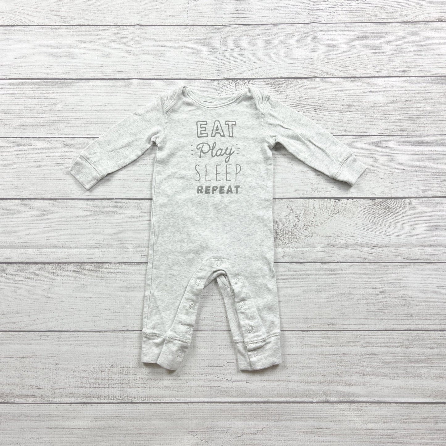 Carter's Baby Grey "Eat Play Sleep Repeat" Long Sleeve Romper 3-6 Months