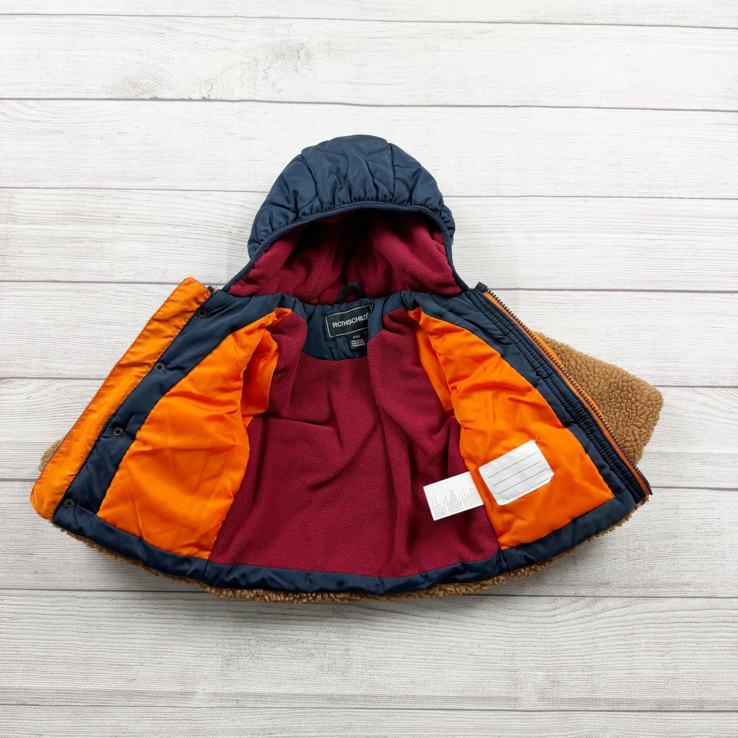 Rothschild Baby Hooded Winter Jacket Navy Blue Tan Sherpa Coat Fleece Lined
