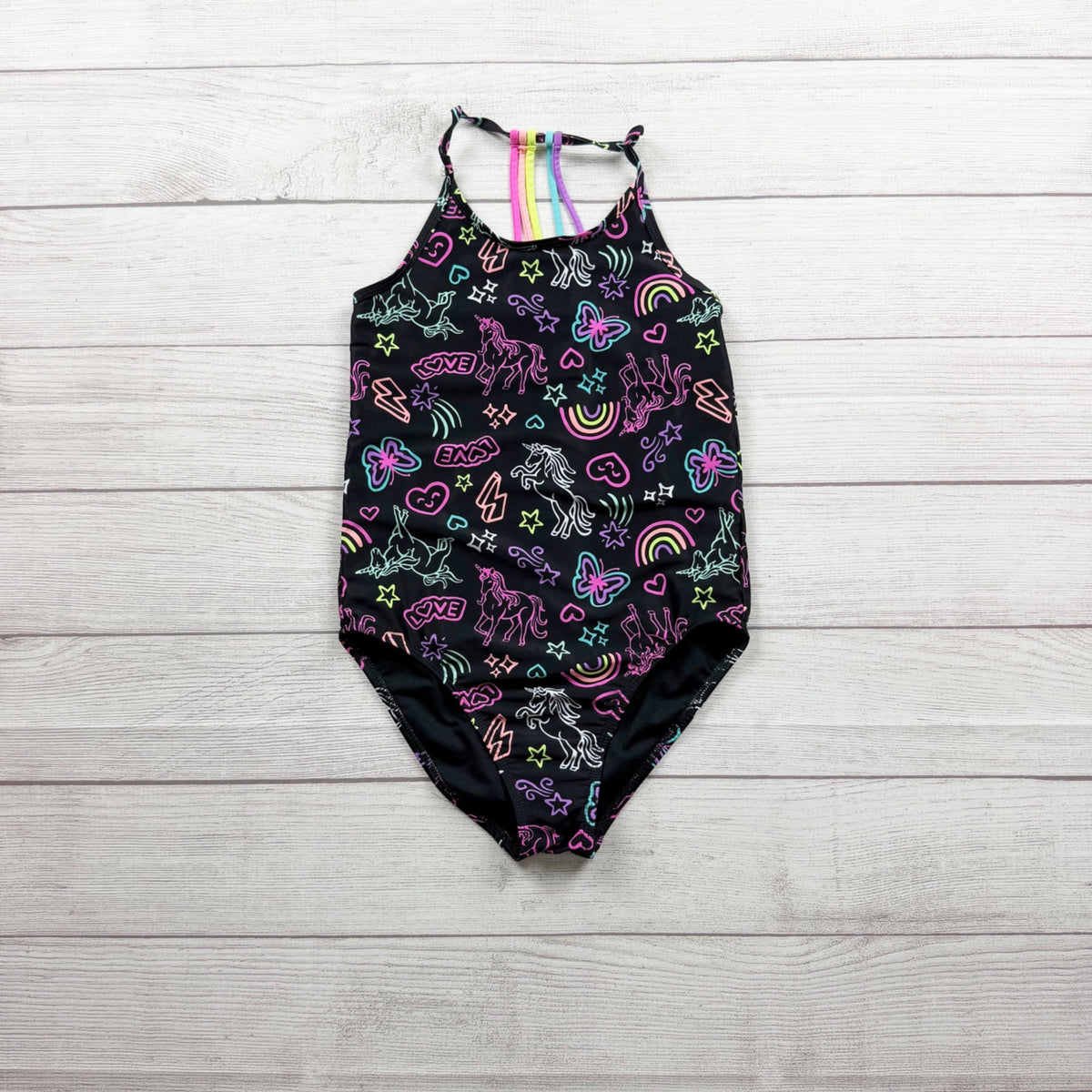 Children's Place Girls One Piece Swimsuit Neon Unicorn Rainbow Print L 10-12