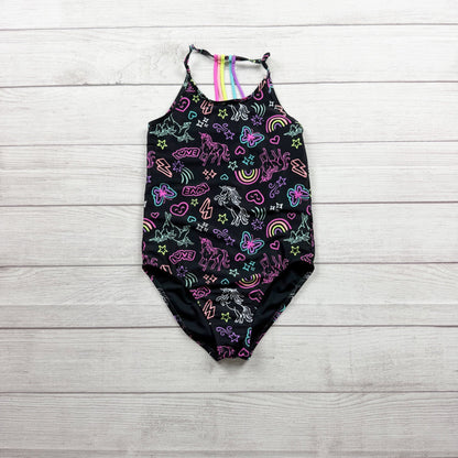Children's Place Girls One Piece Swimsuit Neon Unicorn Rainbow Print L 10-12