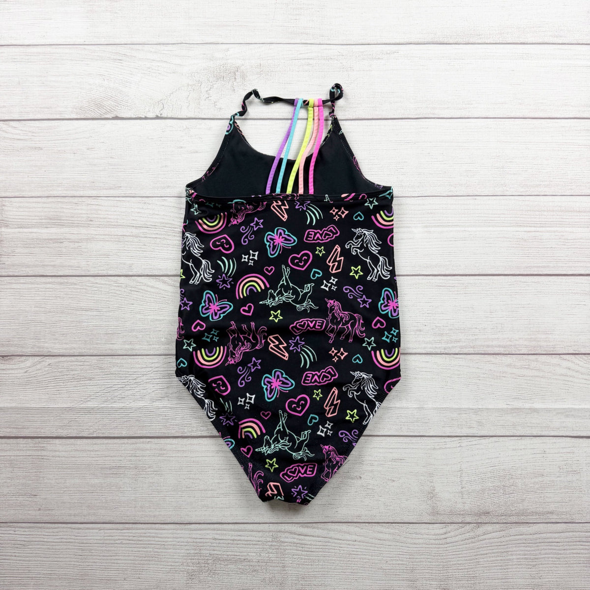Children's Place Girls One Piece Swimsuit Neon Unicorn Rainbow Print L 10-12
