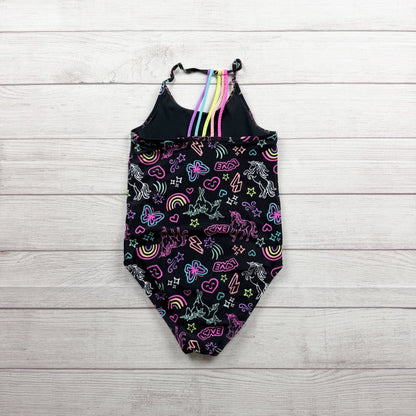 Children's Place Girls One Piece Swimsuit Neon Unicorn Rainbow Print L 10-12
