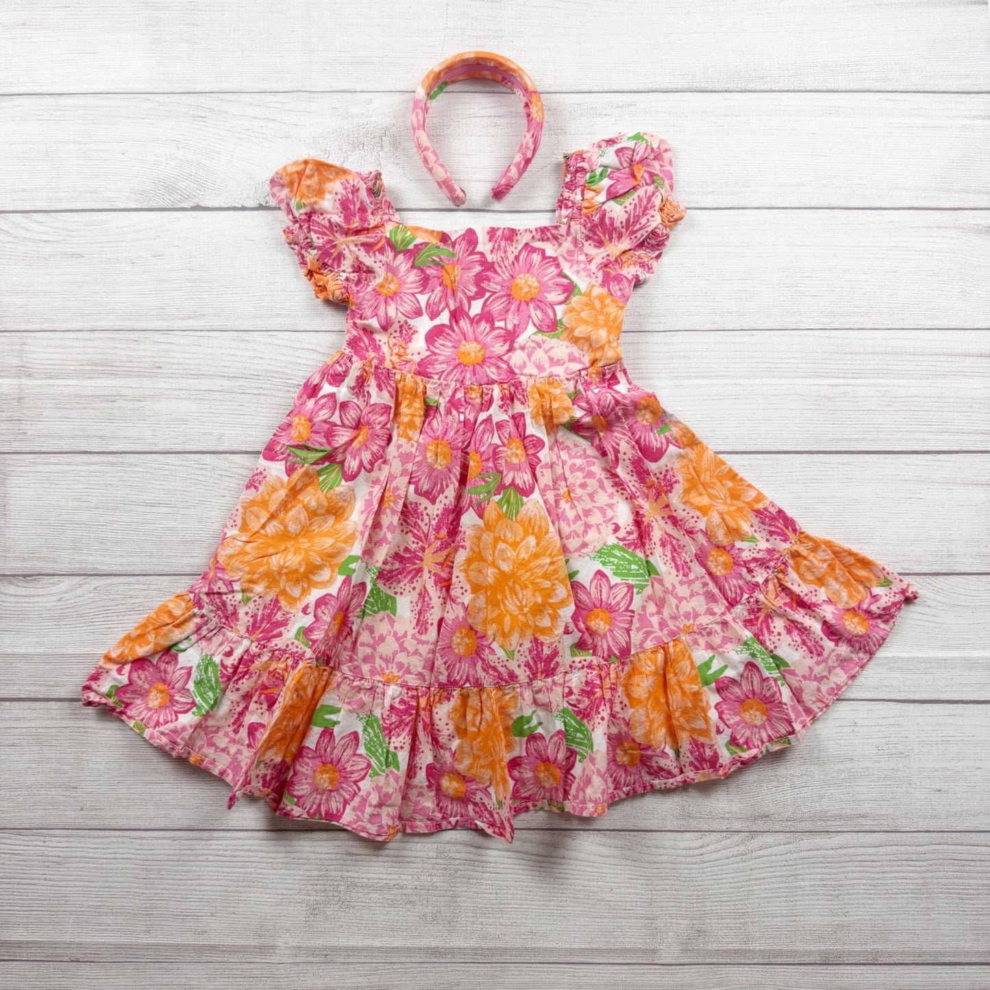 Joie Girls Floral Cotton Dress Headband Set Pink Orange 6