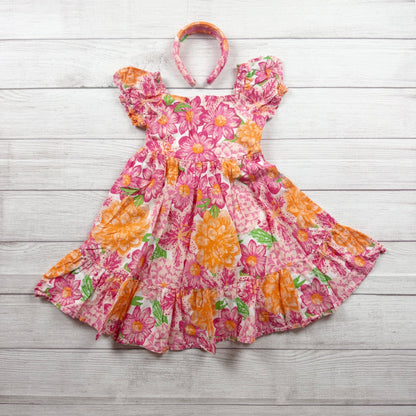 Joie Girls Floral Cotton Dress Headband Set Pink Orange 6