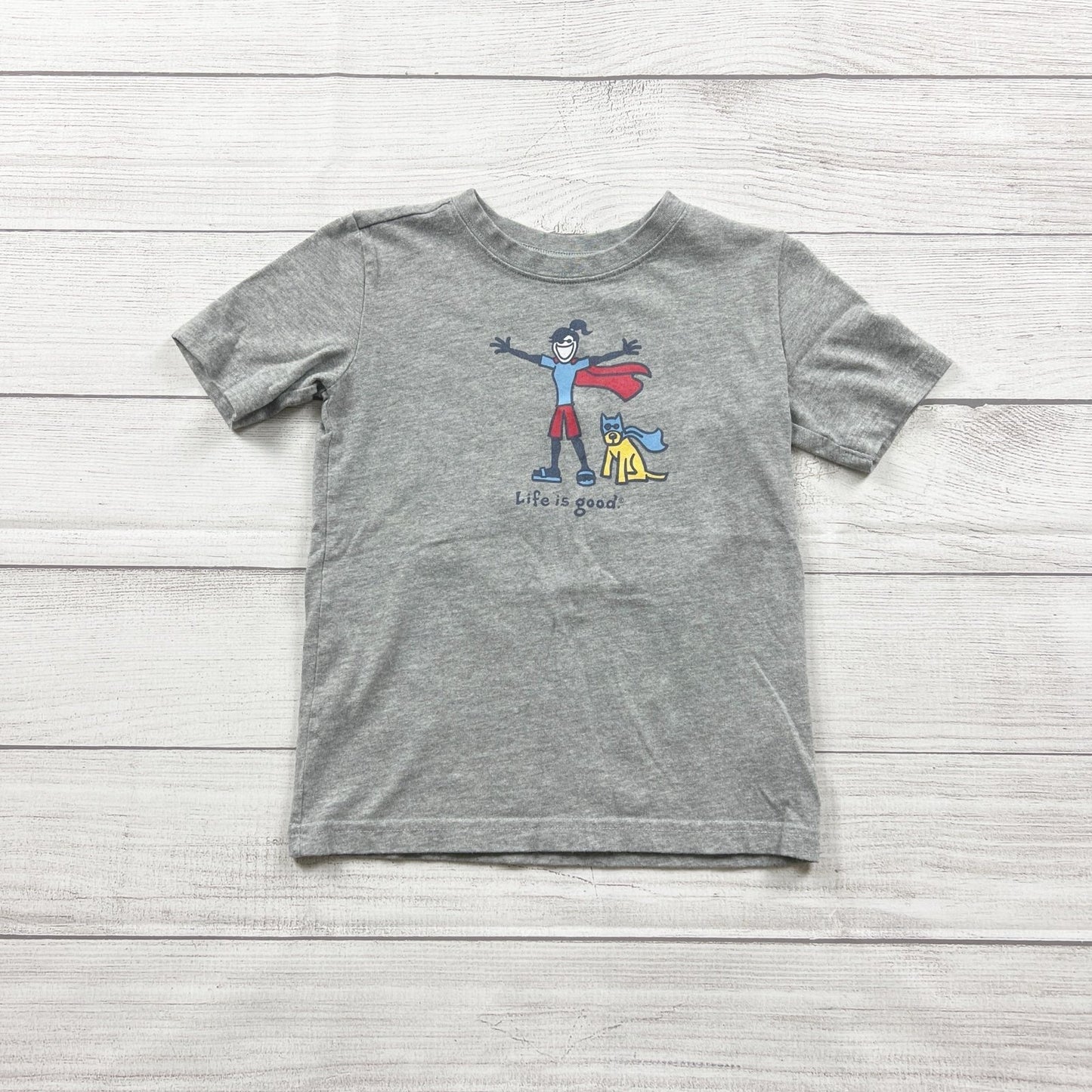 Life is Good Kids T-Shirt Gray Graphic Tee Superhero Dog XS 5-6