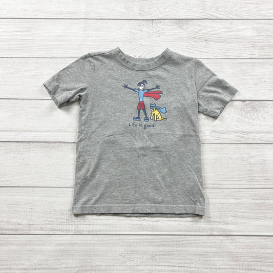 Life is Good Kids T-Shirt Gray Graphic Tee Superhero Dog XS 5-6