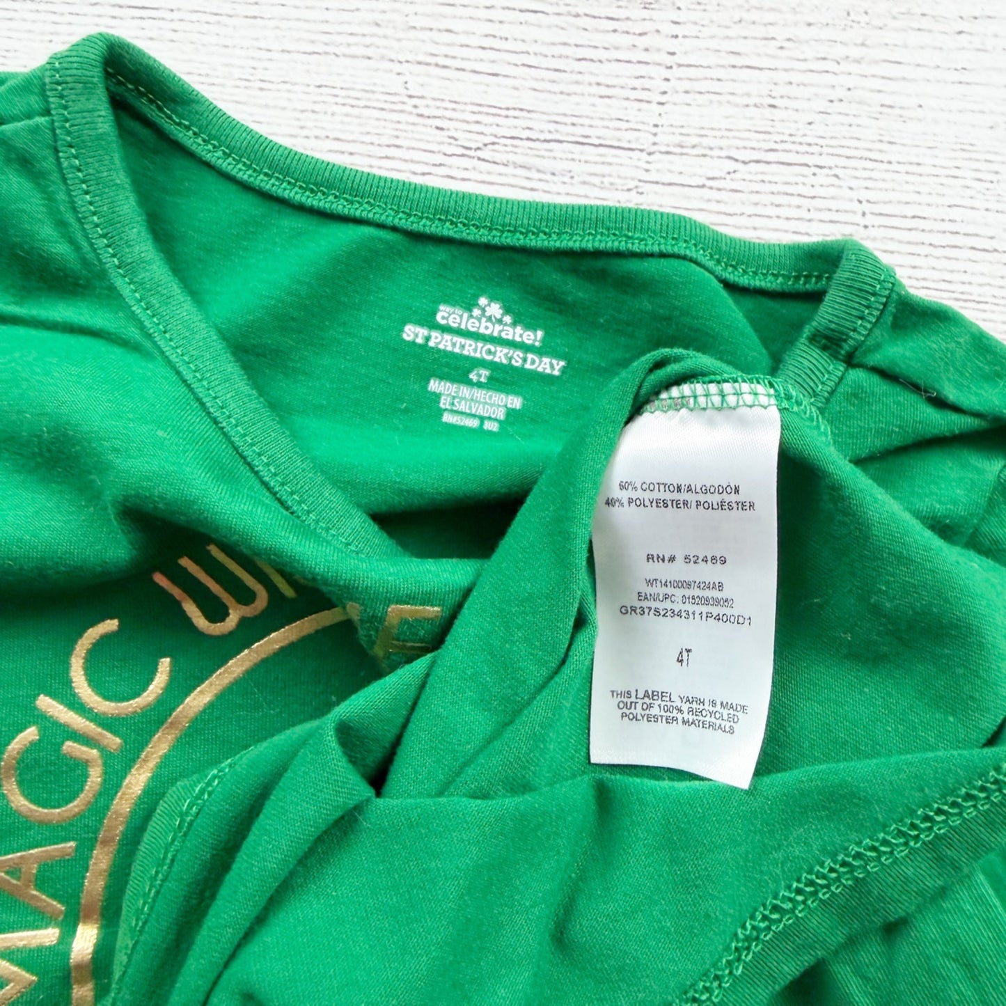 St. Patrick’s Day Girls Green Graphic T-Shirt Magic Wishes Shamrock Kisses 4T