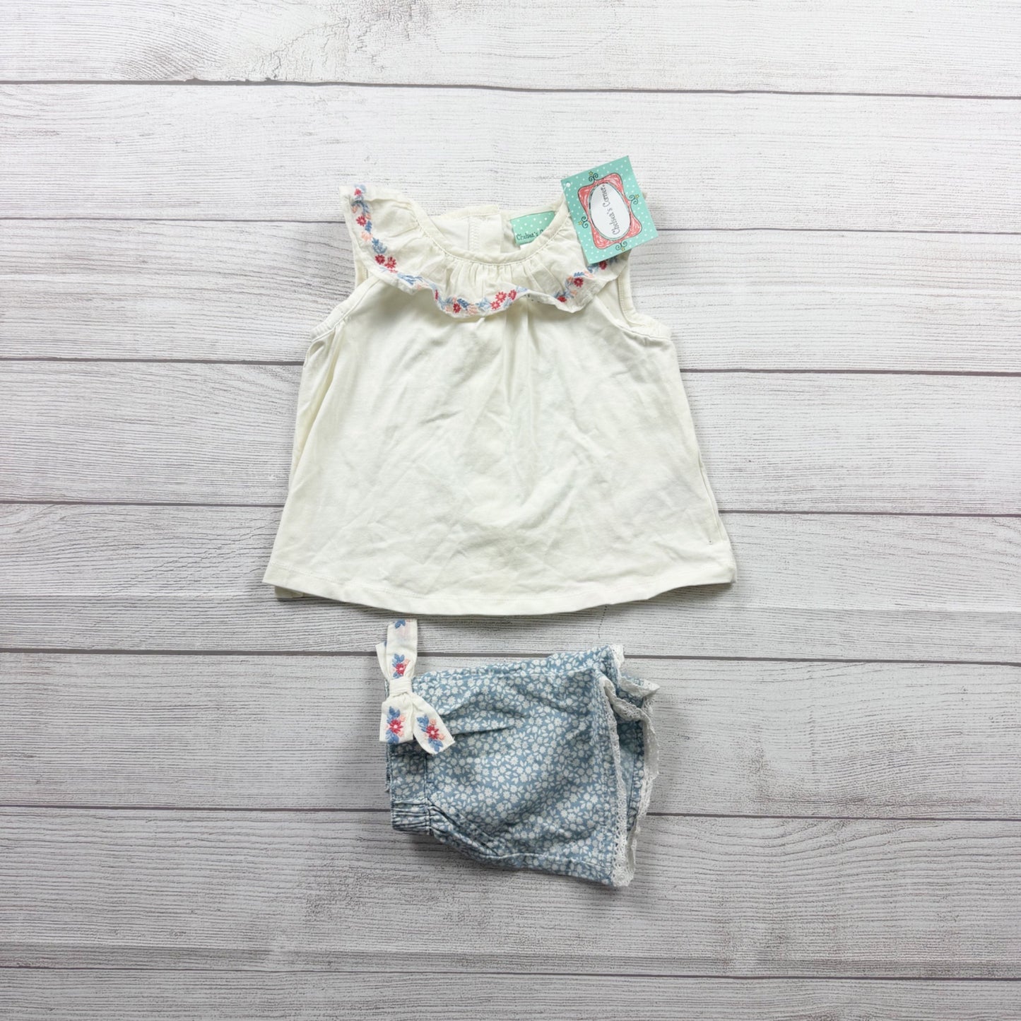 Chelsea’s Corner 2 Piece Outfit Embroidered Top Floral Shorts NWT 9-12 Months