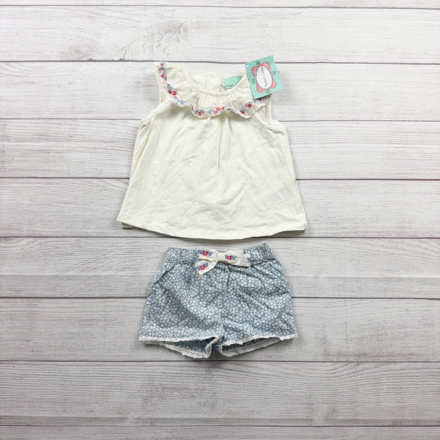 Chelsea’s Corner 2 Piece Outfit Embroidered Top Floral Shorts NWT 9-12 Months