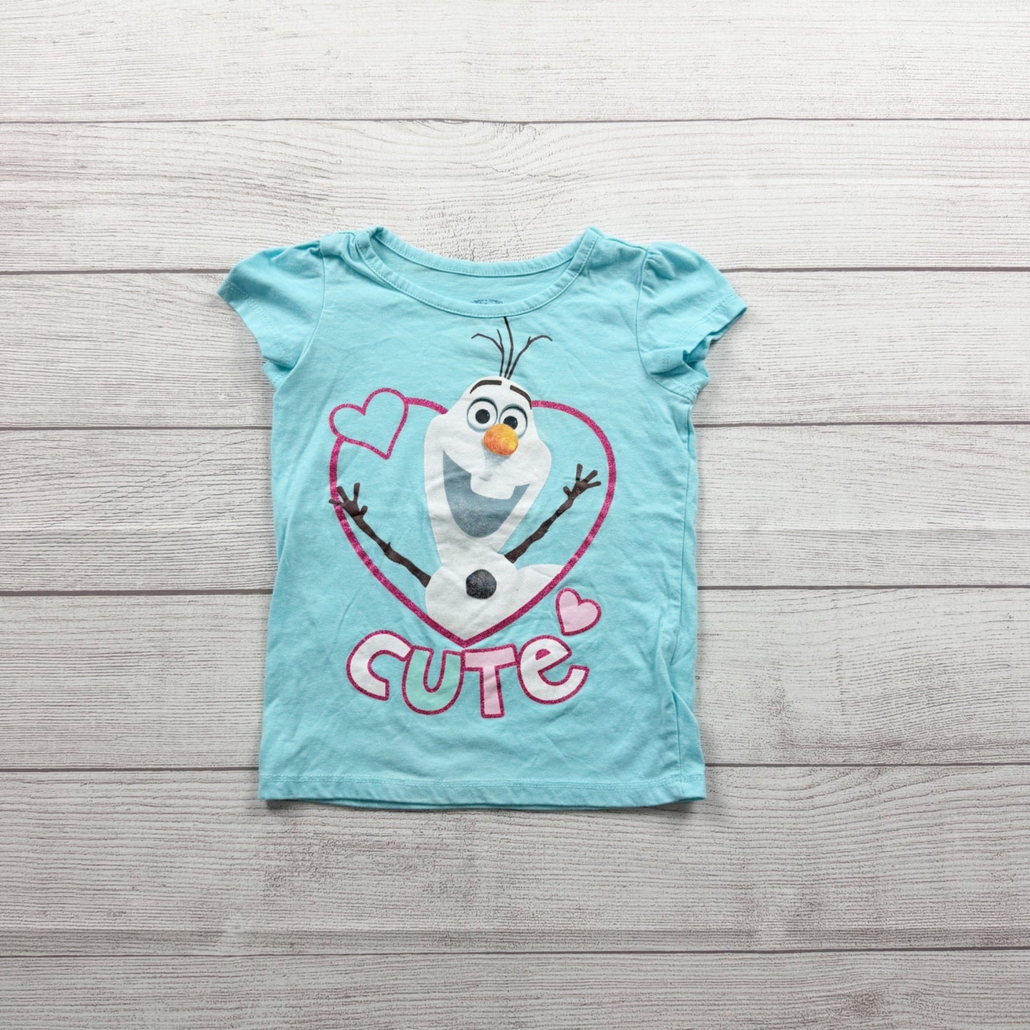 Disney Frozen Olaf Girls Short Sleeve Graphic Tee “Cute” Heart Shirt Toddler 4T