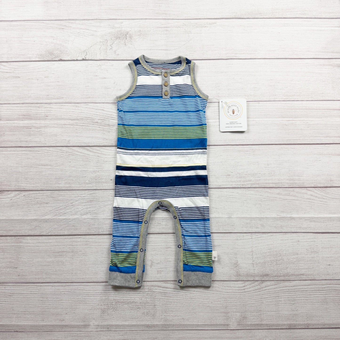 Burt's Bees Baby Organic Sleeveless Striped Romper Classic Buttons NWT 3-6 Months
