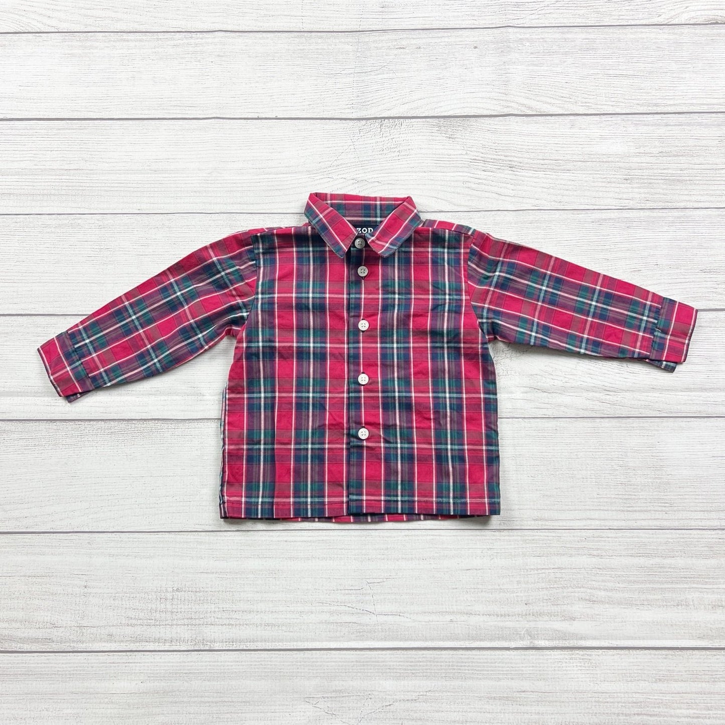 Izod Plaid Button Down Long Sleeve Shirt Red Green Plaid 9-12 Months