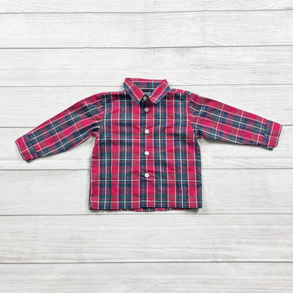 Izod Plaid Button Down Long Sleeve Shirt Red Green Plaid 9-12 Months