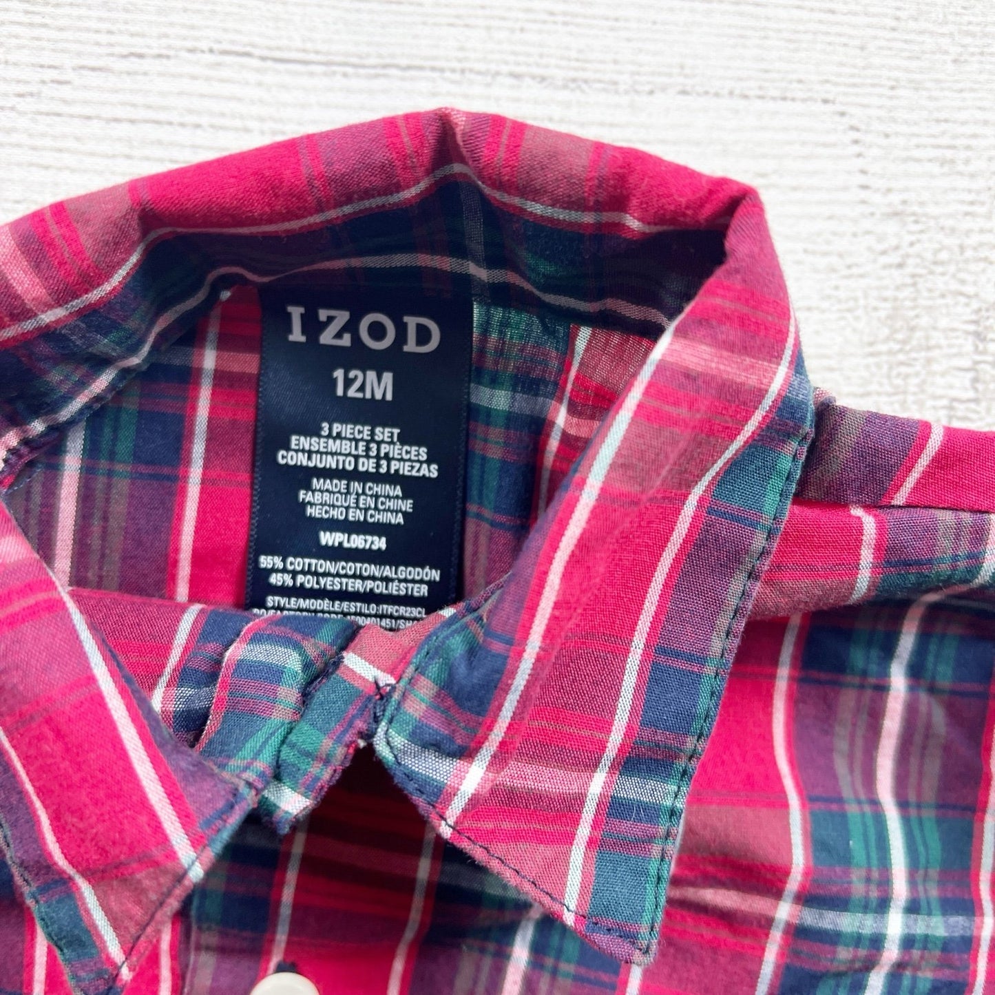 Izod Plaid Button Down Long Sleeve Shirt Red Green Plaid 9-12 Months