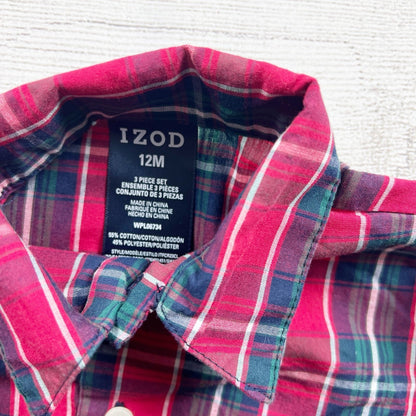 Izod Plaid Button Down Long Sleeve Shirt Red Green Plaid 9-12 Months