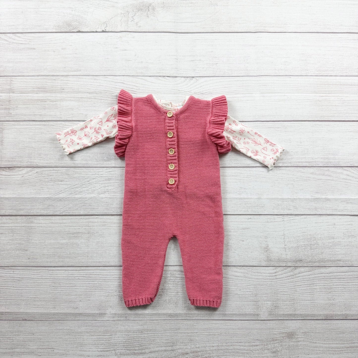 Charlotte & Star Baby Girl Knit Romper Set Ruffle Sleeve Floral Top 3-6 Months