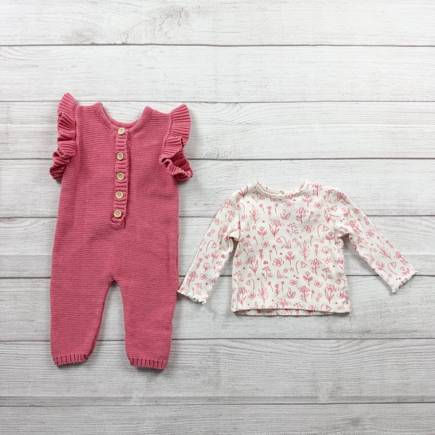 Charlotte & Star Baby Girl Knit Romper Set Ruffle Sleeve Floral Top 3-6 Months