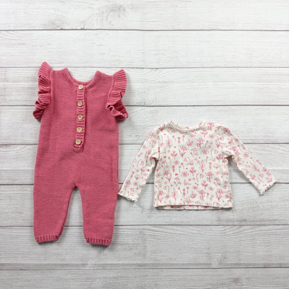 Charlotte & Star Baby Girl Knit Romper Set Ruffle Sleeve Floral Top 3-6 Months