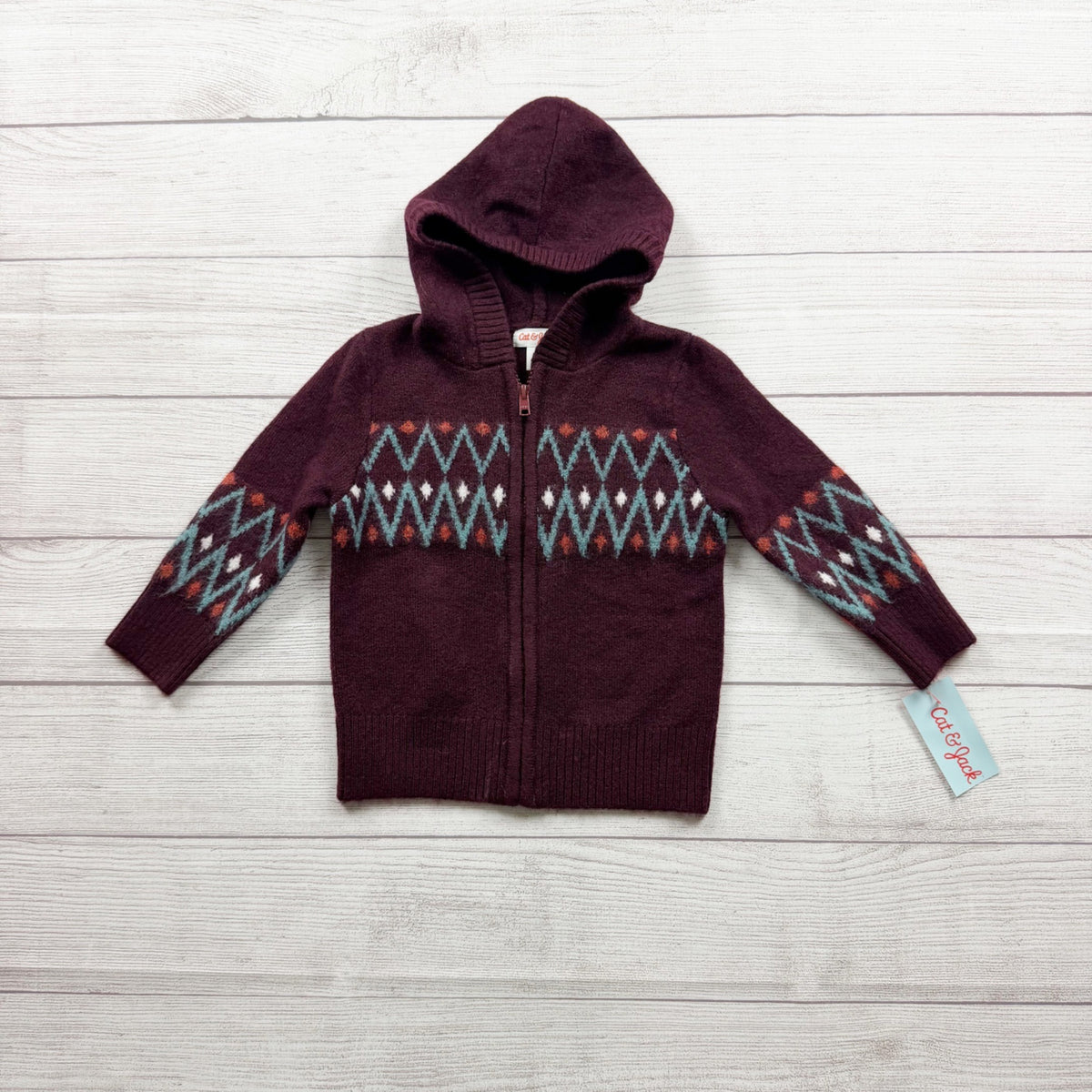 Cat & Jack Burgundy Hooded Zip Sweater Kids Diamond Pattern Acrylic Blend NWT 2T