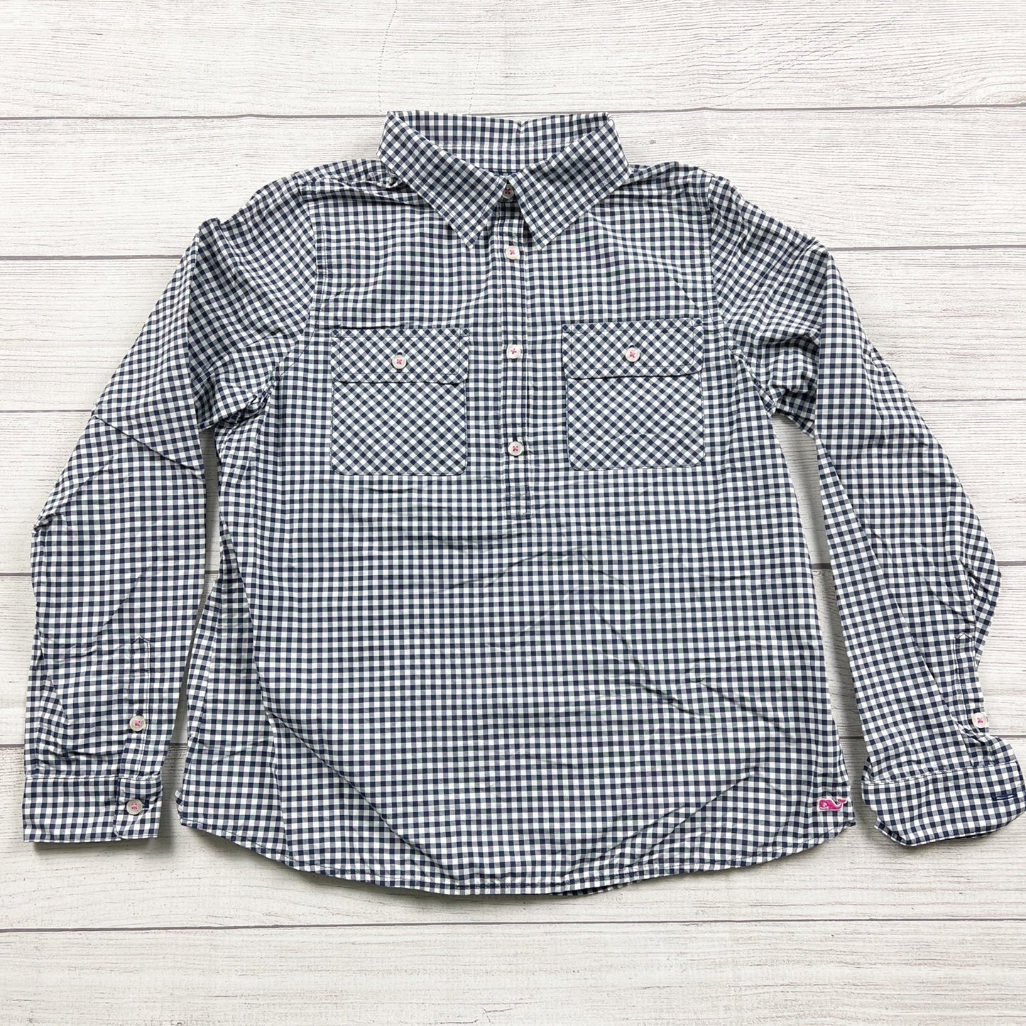 Vineyard Vines Boys Navy White Gingham Long Sleeve Performance Shirt L 14