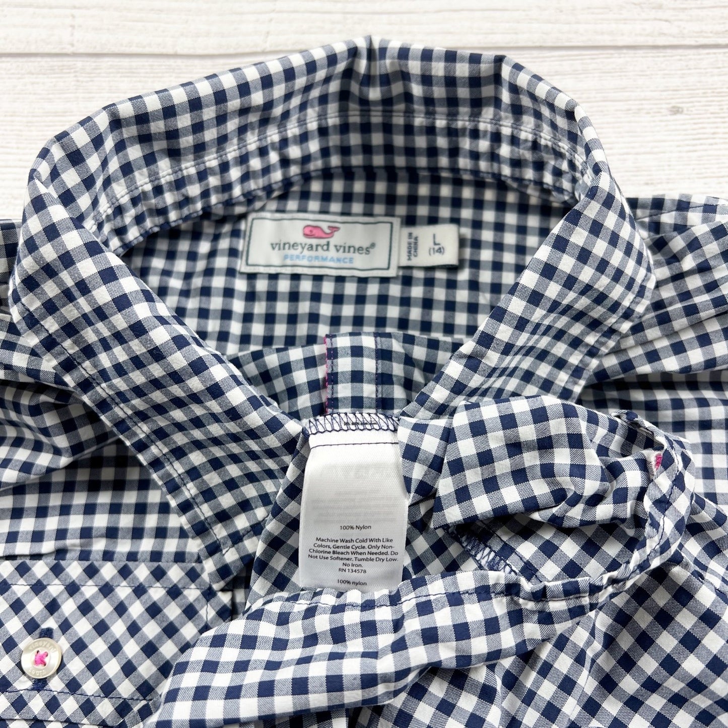 Vineyard Vines Boys Navy White Gingham Long Sleeve Performance Shirt L 14