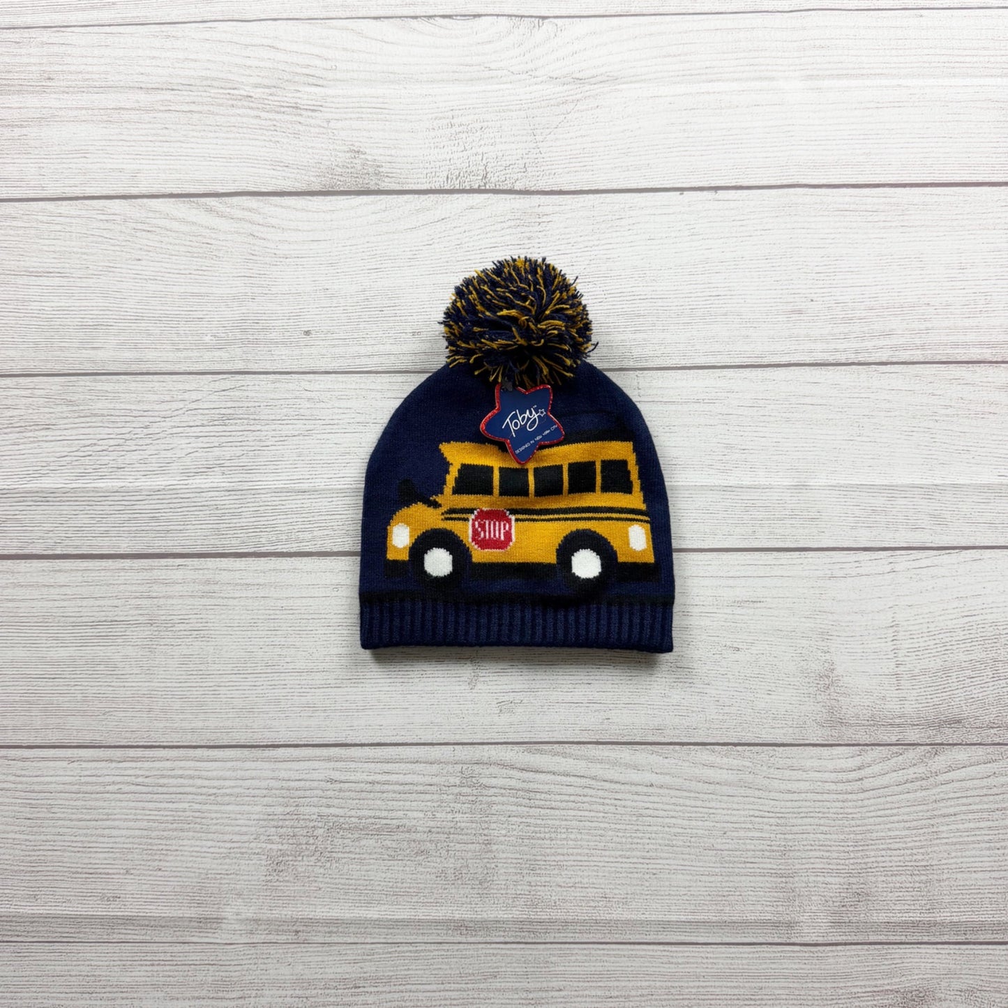 Toby School Bus Knit Beanie Pom  Navy Yellow Toddler NWT 2-4 Years