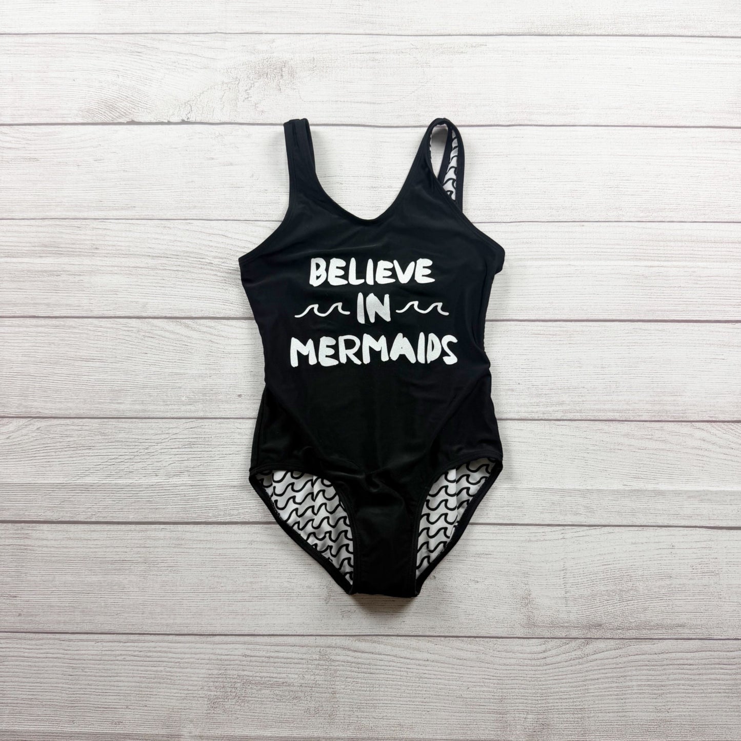 Art Class Believe In Mermaids Black One Piece Swimsuit Girls M 7-8