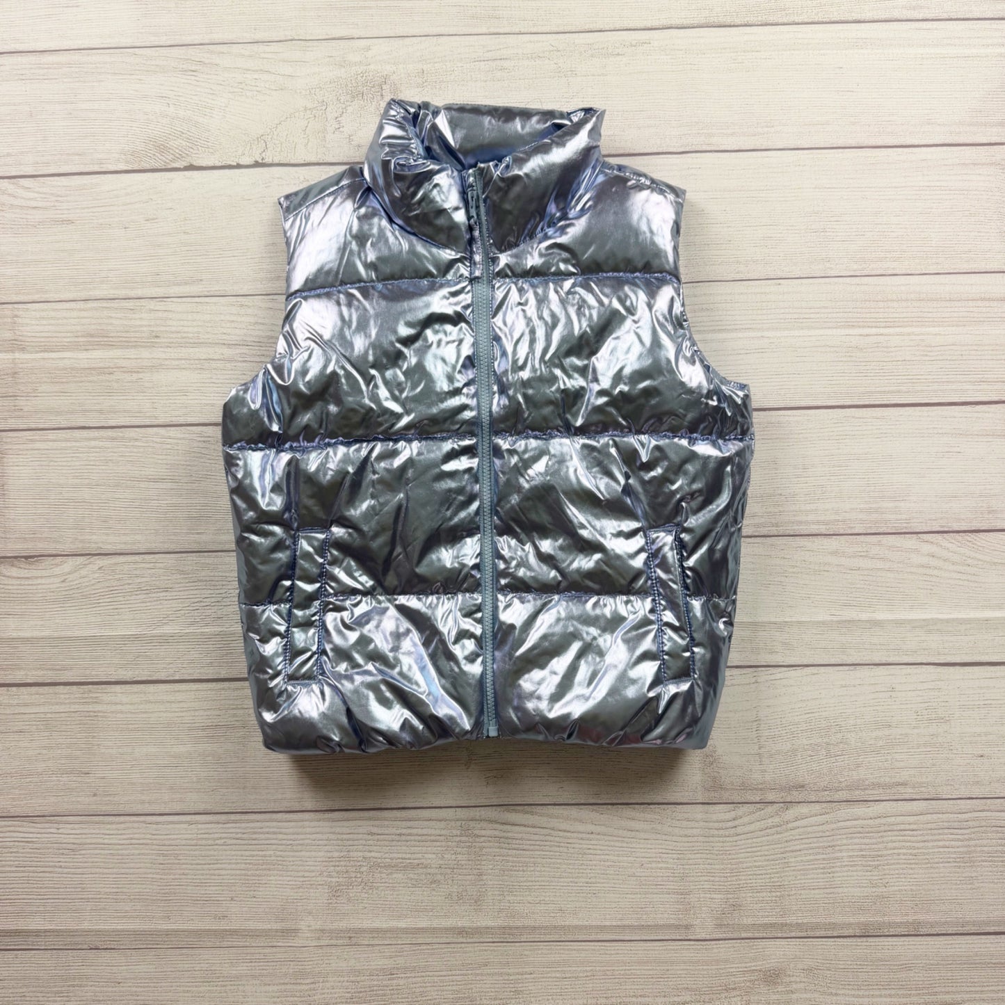Old Navy Kids Metallic Blue Silver Water Resistant Puffer Vest L 10-12