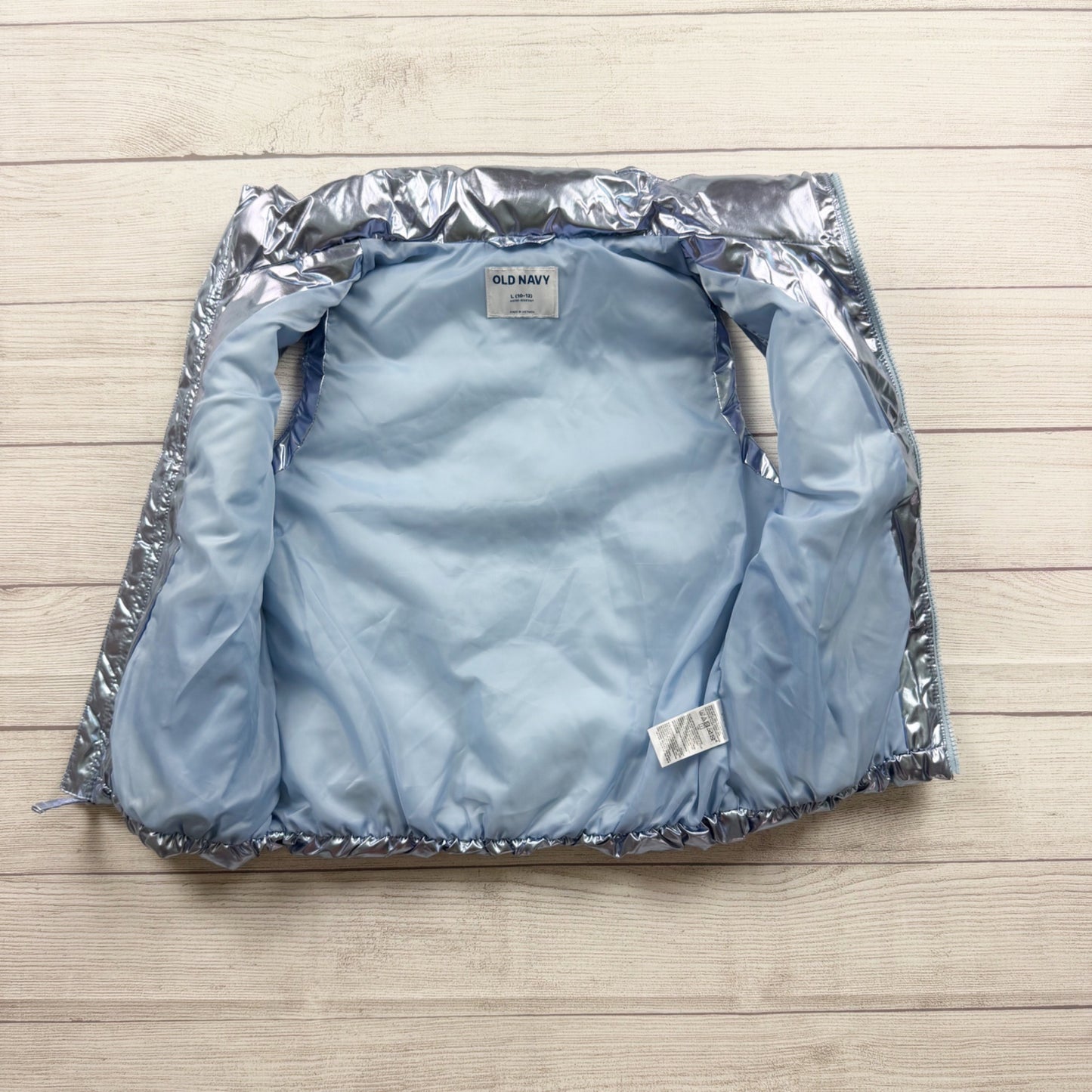 Old Navy Kids Metallic Blue Silver Water Resistant Puffer Vest L 10-12