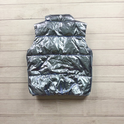Old Navy Kids Metallic Blue Silver Water Resistant Puffer Vest L 10-12