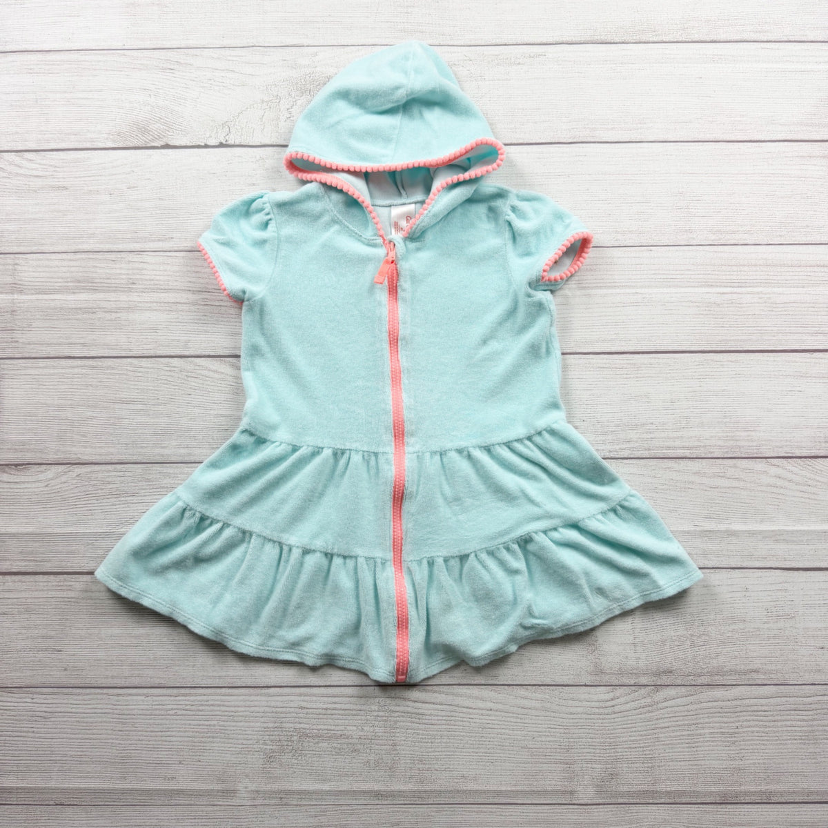 Cat & Jack Girls Aqua Zip Up Peplum Terry Hooded Cover Up Dress Pink Trim 5T