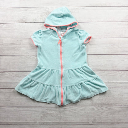 Cat & Jack Girls Aqua Zip Up Peplum Terry Hooded Cover Up Dress Pink Trim 5T