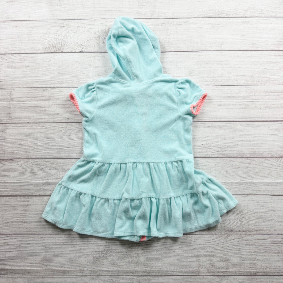 Cat & Jack Girls Aqua Zip Up Peplum Terry Hooded Cover Up Dress Pink Trim 5T