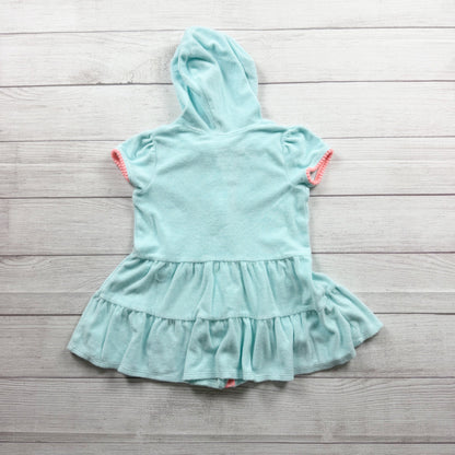 Cat & Jack Girls Aqua Zip Up Peplum Terry Hooded Cover Up Dress Pink Trim 5T