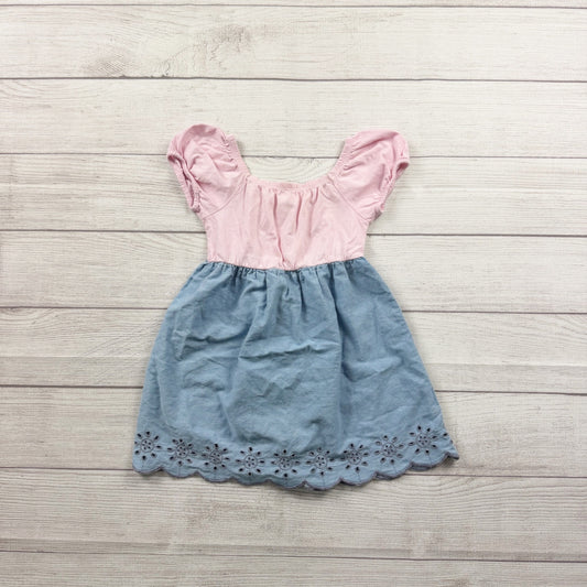 GAP Toddler Girl Dress Pink Chambray Eyelet Hem Puff Sleeve Colorblock 3T