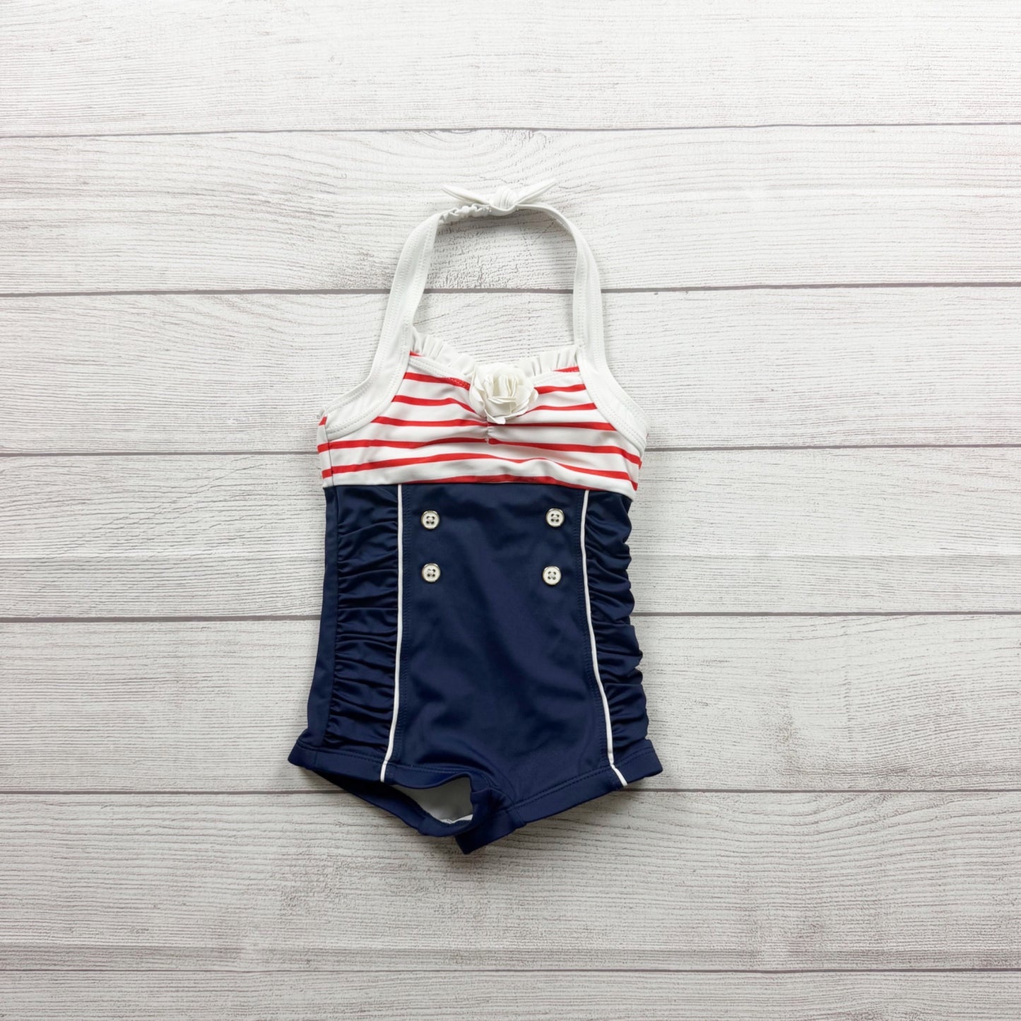 Janie And Jack Girls Navy White Red Sailor Striped One Piece Swimsuit 2T