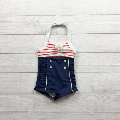Janie And Jack Girls Navy White Red Sailor Striped One Piece Swimsuit 2T