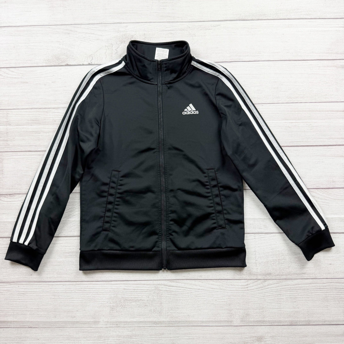 Adidas Kids Black Track Jacket Zip Up Striped Logo L 10-12