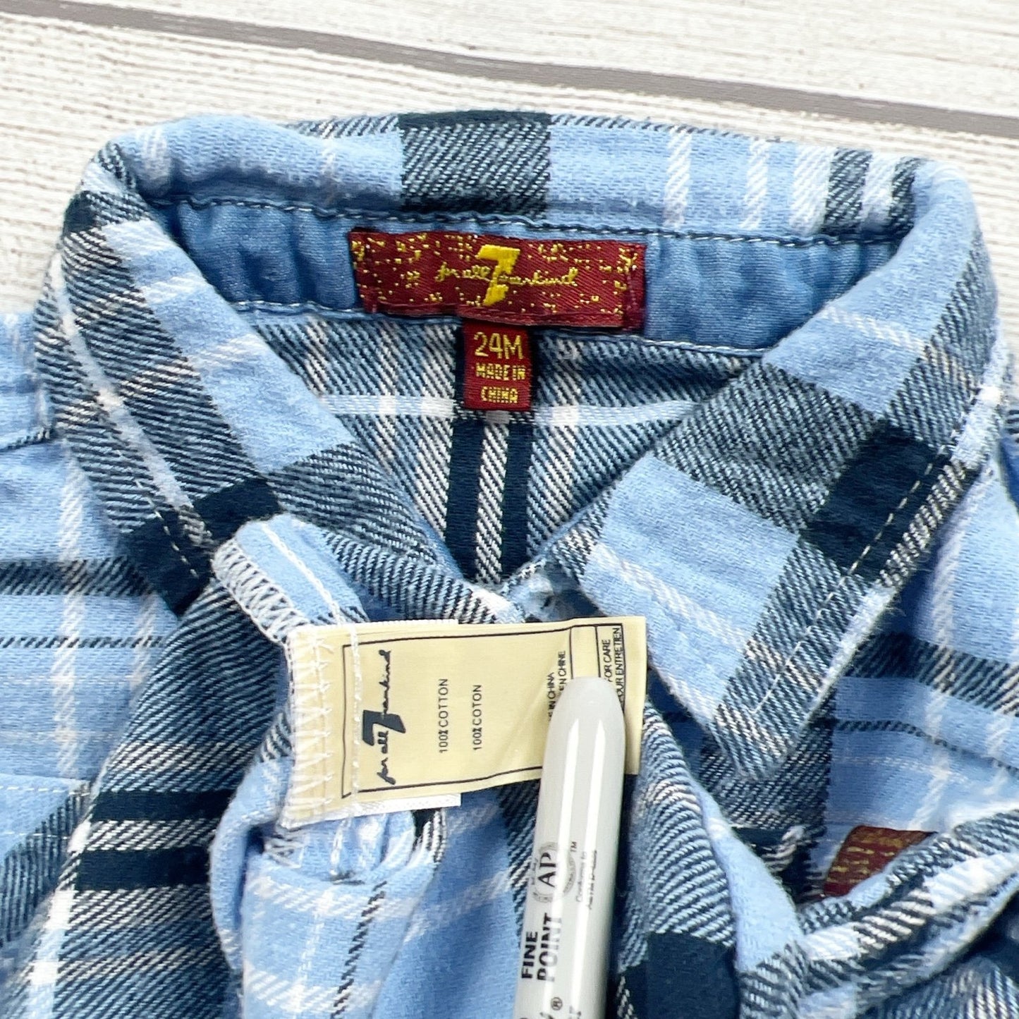 7 For all Mankind 7Fam Blue Plaid Button Down Cotton Shirt 18-24 Months