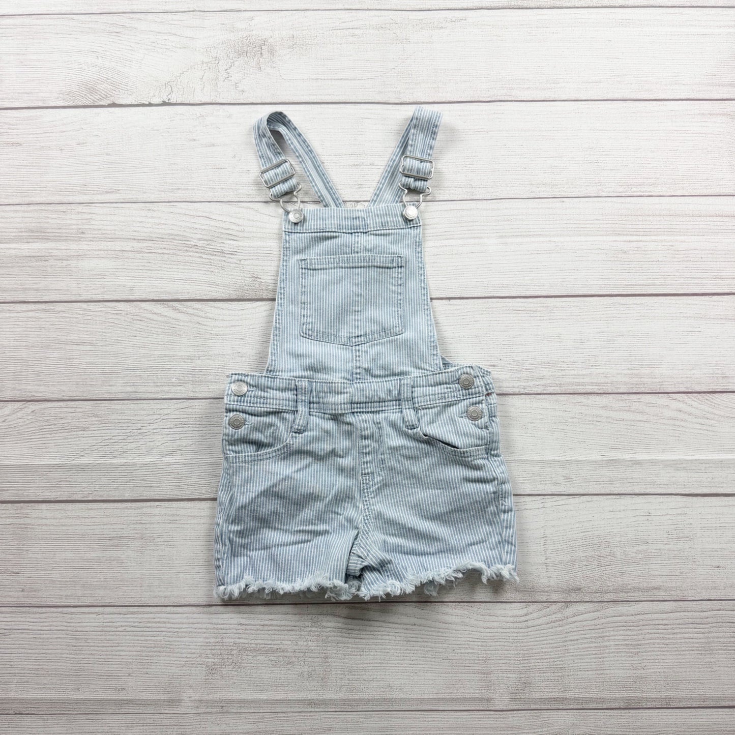 Cat & Jack Blue Striped Denim Shortalls Adjustable Straps Frayed Hem XS 4-5
