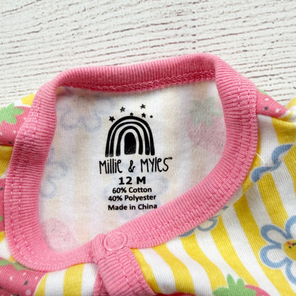 Millie & Myles Baby Girl Romper Strawberry Daisy Print Pink Trim NWT 9-12 Months