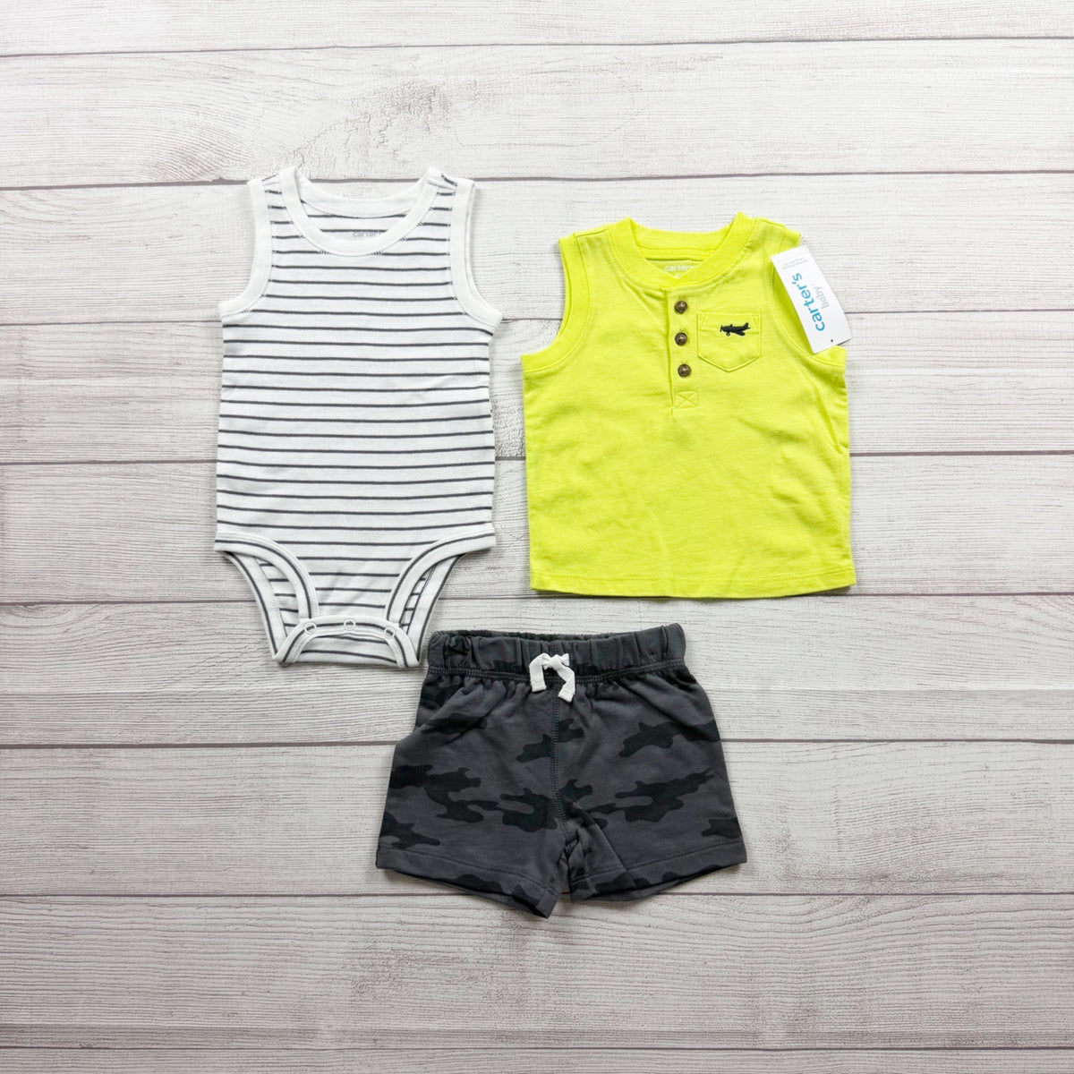 Carter's Baby Boys 3-Piece Outfit Bodysuit Tank Shorts Camouflage NWT 3-6 Months
